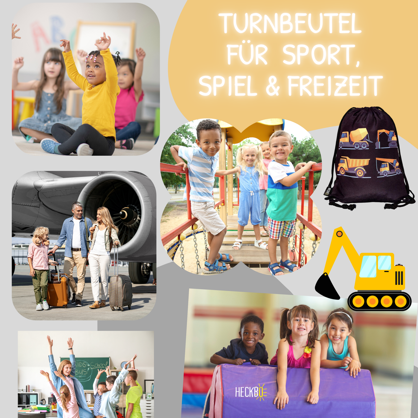 Kinder Turnbeutel Baufahrzeuge 4 schwarz
