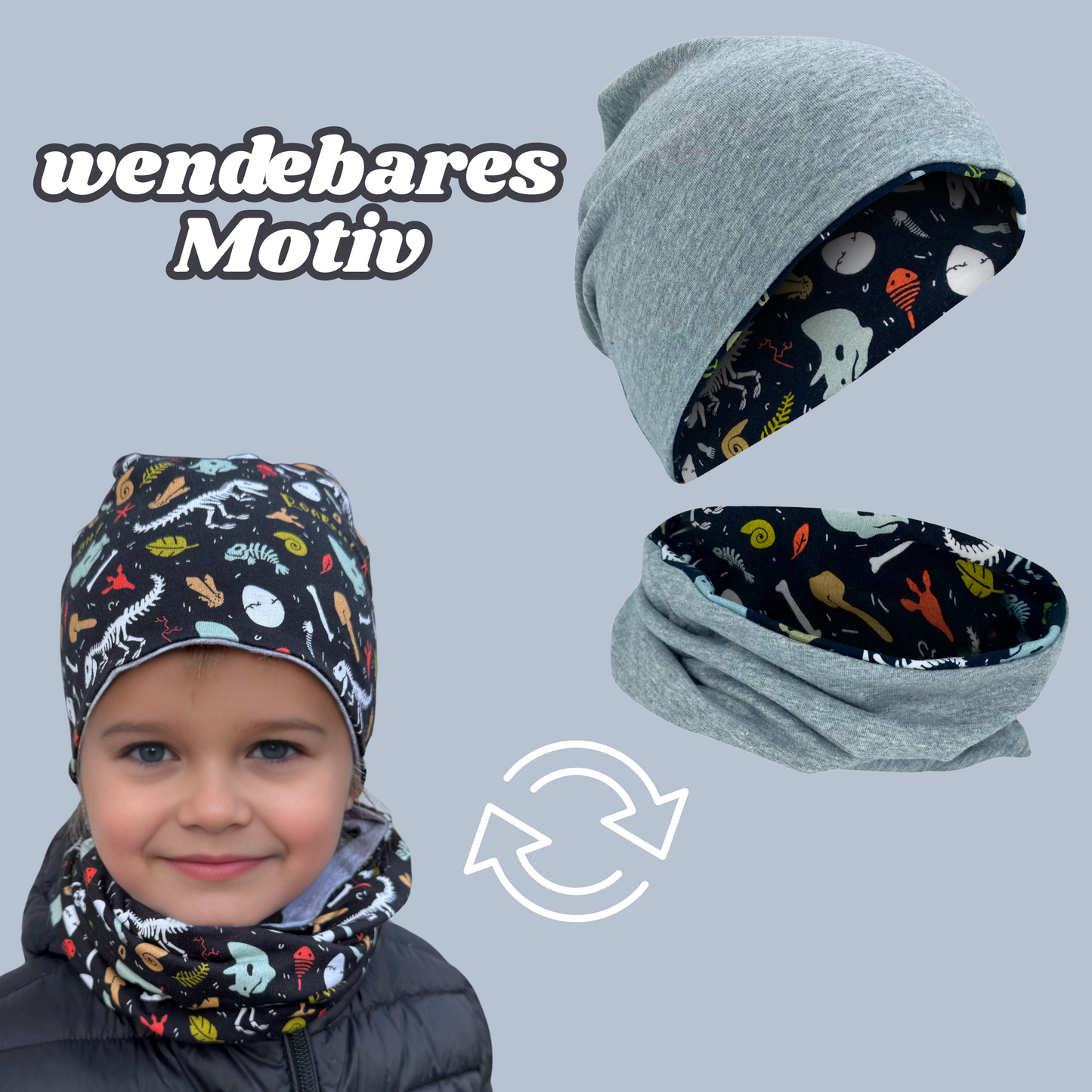 Kinder Beanie Mütze & Loop Set - Dino Knochen