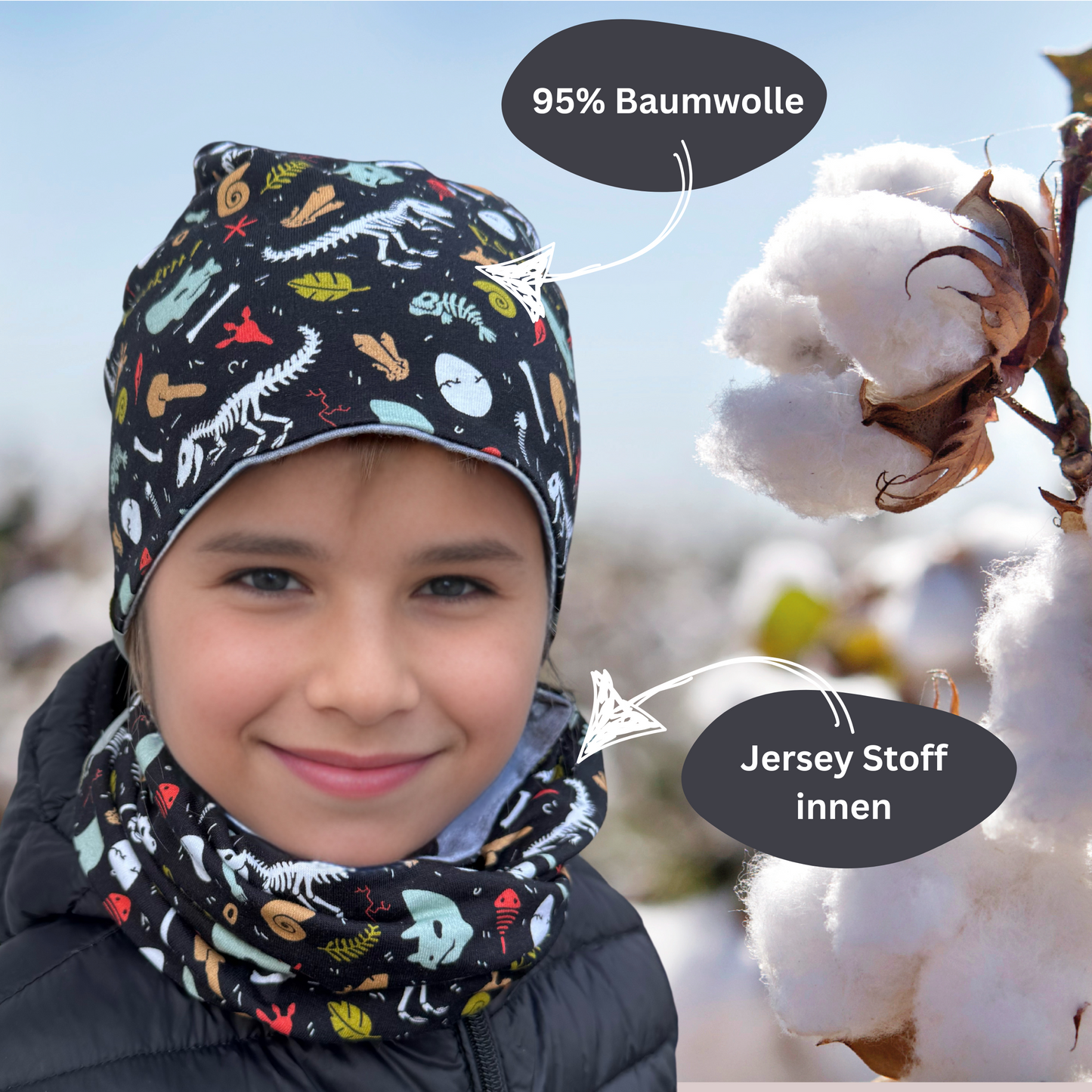 Kinder Beanie Mütze & Loop Set - Dino Knochen