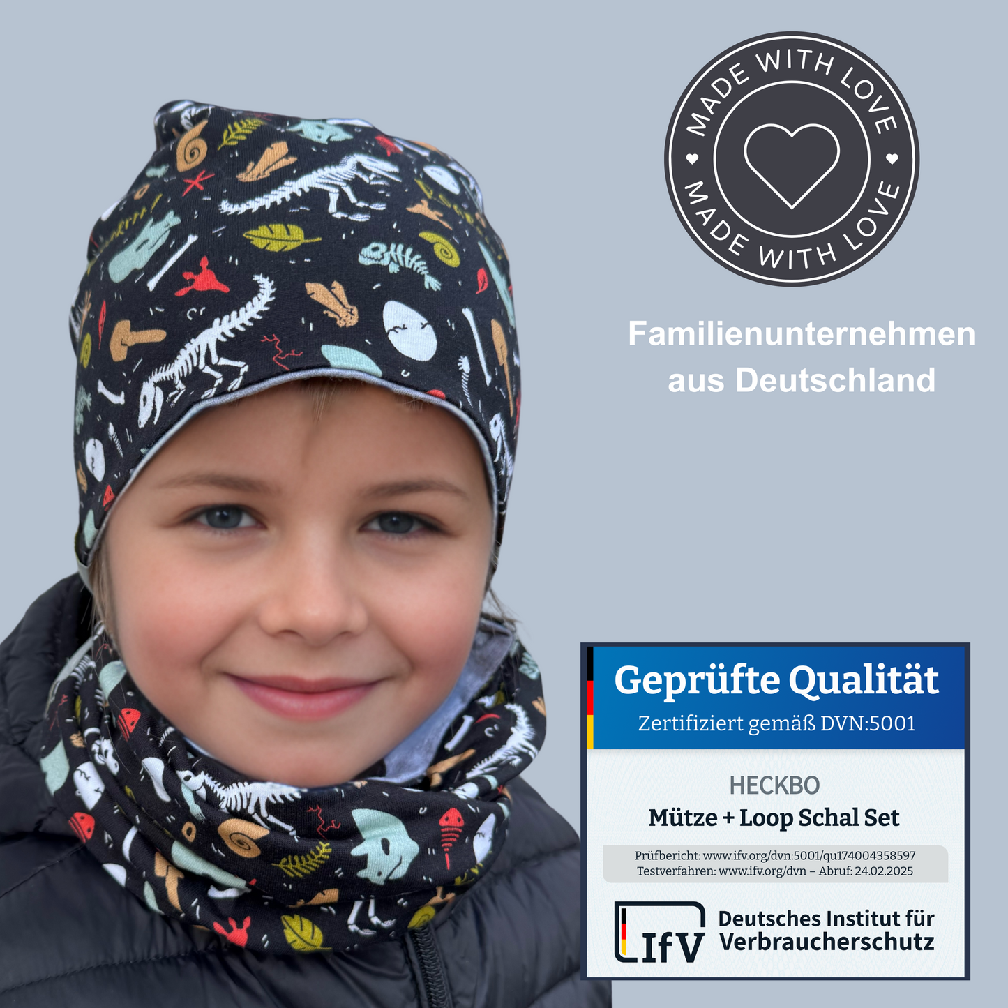 Kinder Beanie Mütze & Loop Set - Dino Knochen