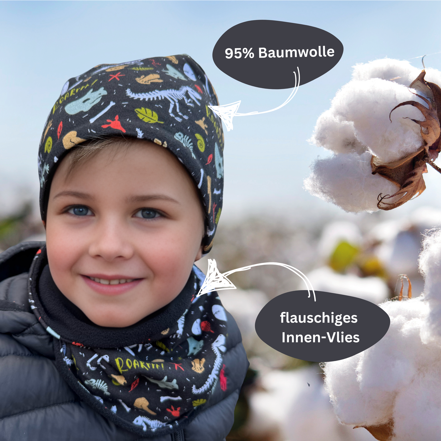 Kinder Beanie Mütze & Loop Set - Dino Knochen