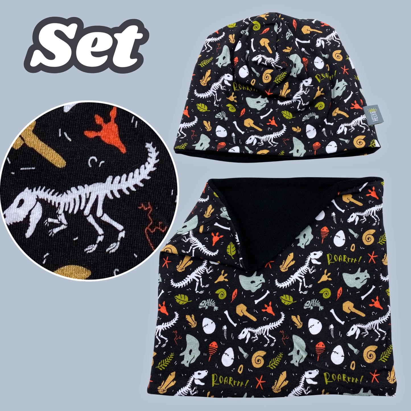 Kinder Beanie Mütze & Loop Set - Dino Knochen
