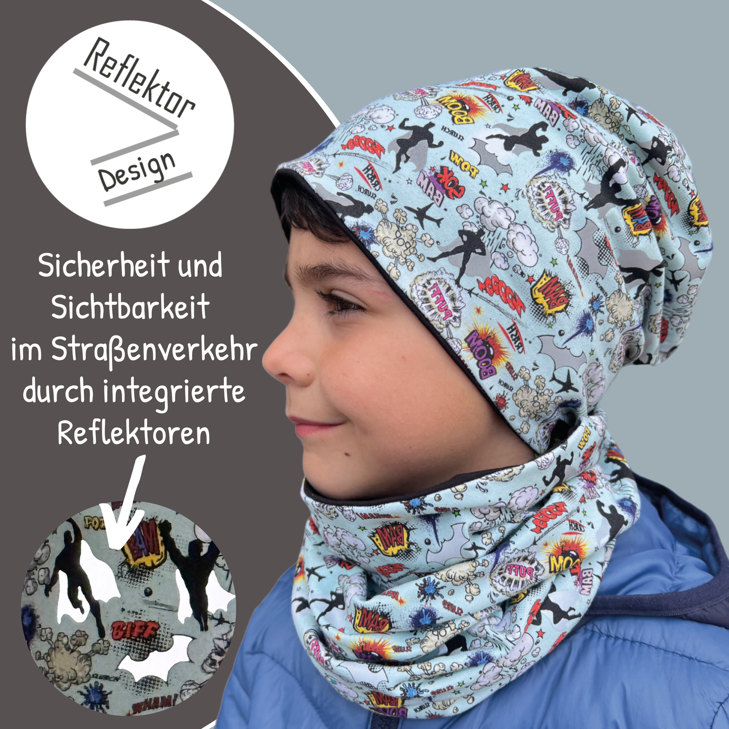 Kinder Reflektor Mütze & Loop - Superheld