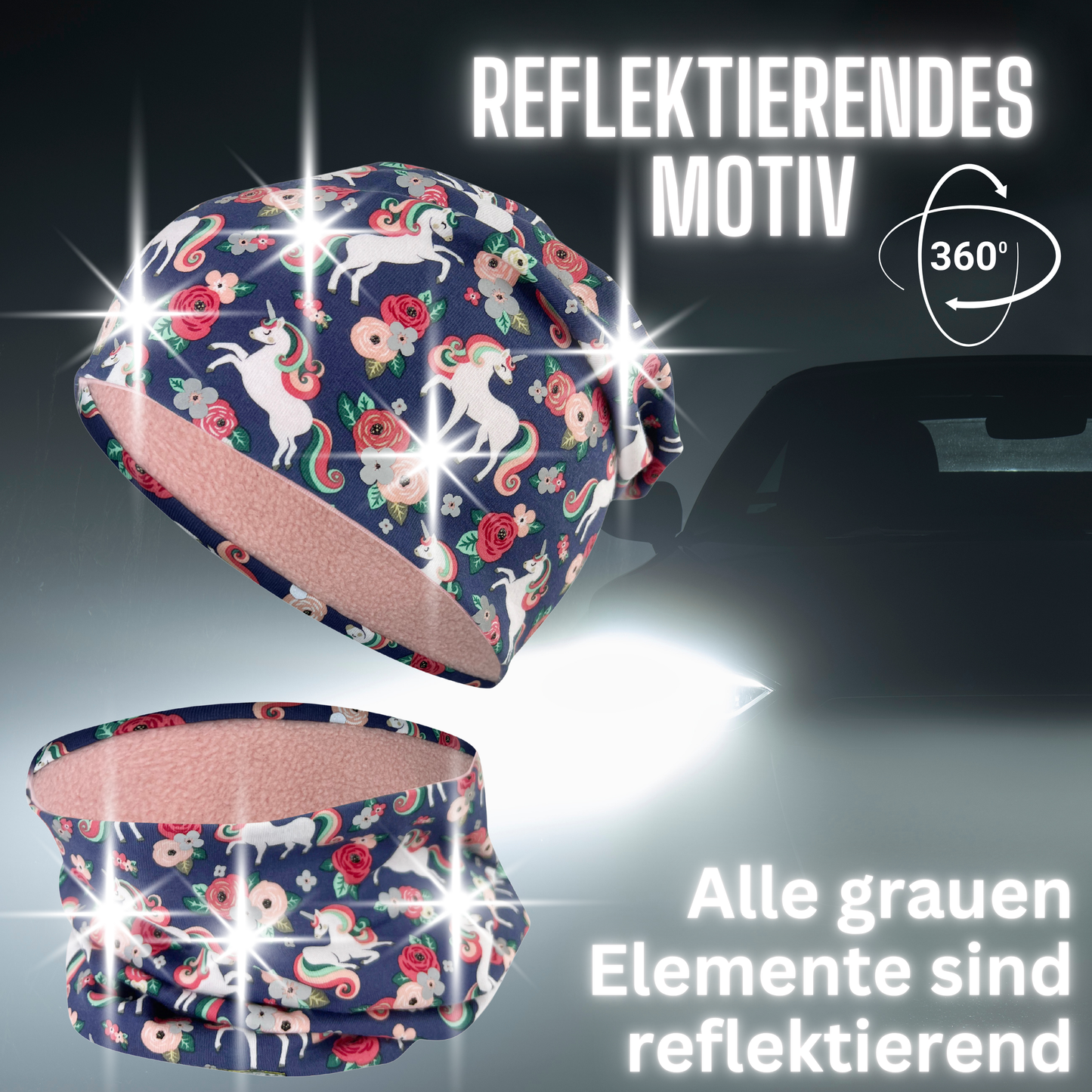 Kinder Reflektor Mütze & Loop - Einhorn