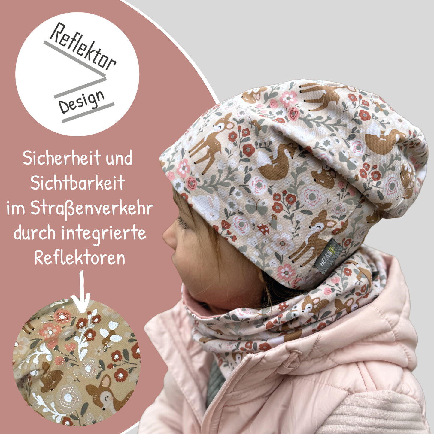 Kinder Reflektor Mütze & Loop Waldtiere