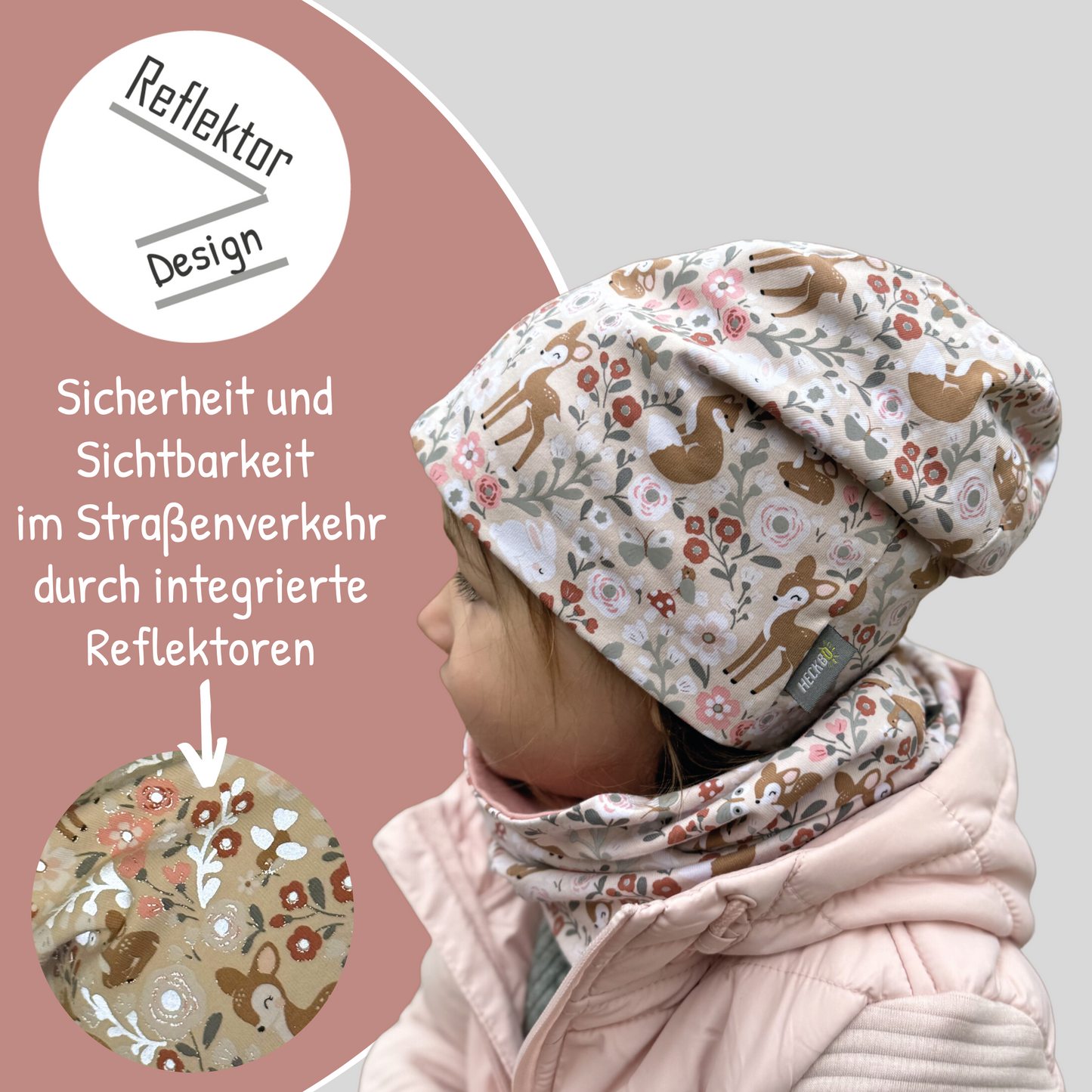 Kinder Reflektor Mütze & Loop Waldtiere