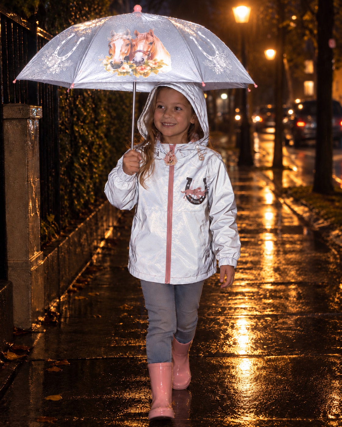 Kinder Reflektor Regenjacke Pferd