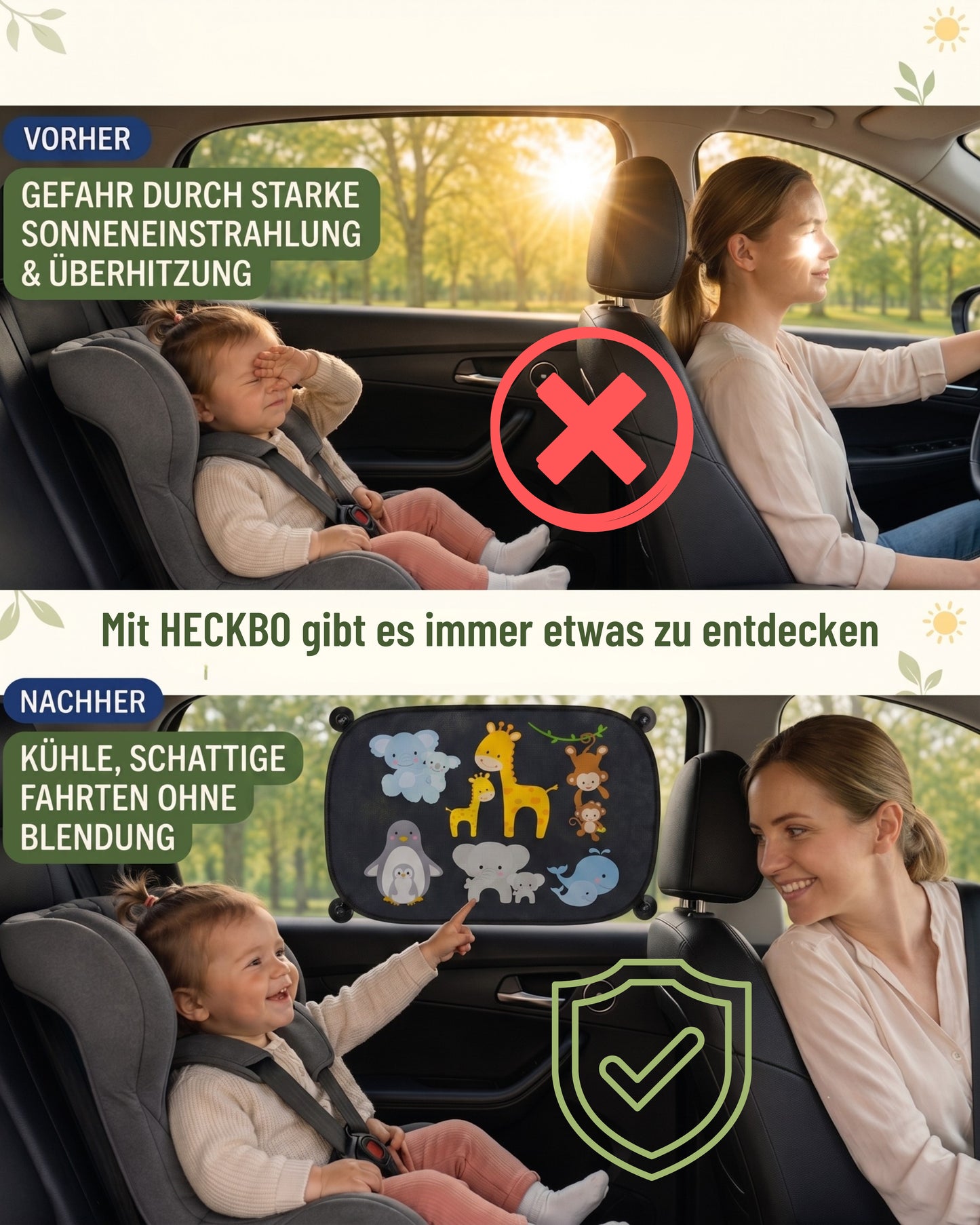 HECKBO Auto-Sonnenblenden Kinder Tierfamilien – 2er-Set