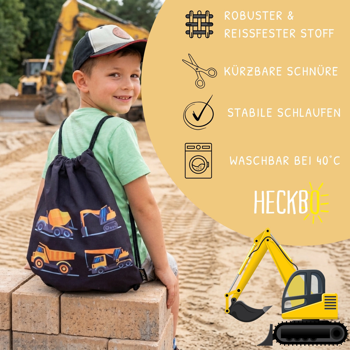 Kinder Turnbeutel Baufahrzeuge 4 schwarz