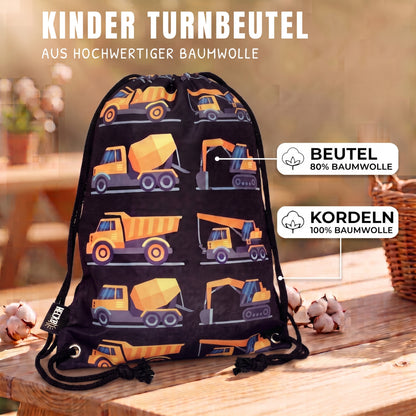 Kinder Turnbeutel Baufahrzeuge 8 schwarz
