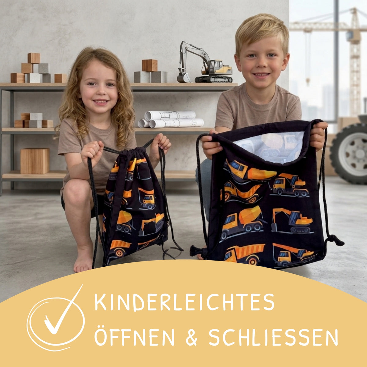 Kinder Turnbeutel Baufahrzeuge 8 schwarz
