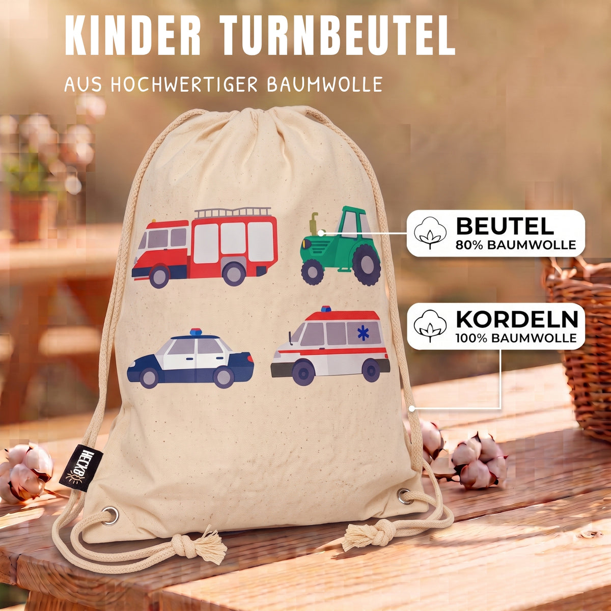 Kinder Turnbeutel Autos beige