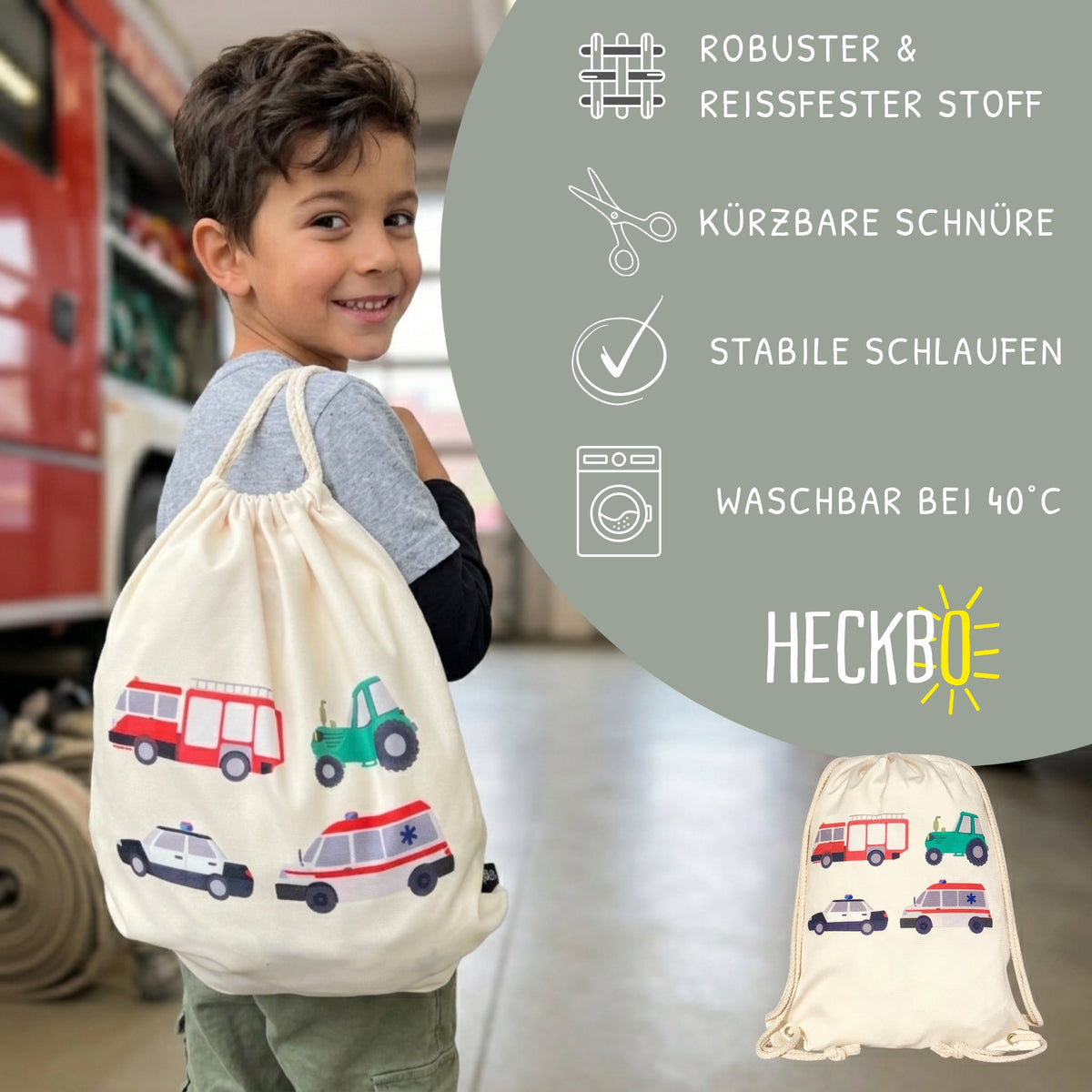 Kinder Turnbeutel Autos beige