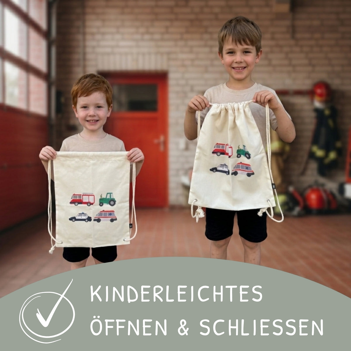 Kinder Turnbeutel Autos beige