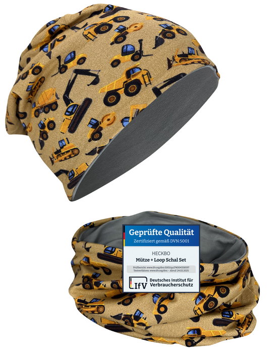 Kinder Beanie Mütze & Loop Set  - Baufahrzeuge