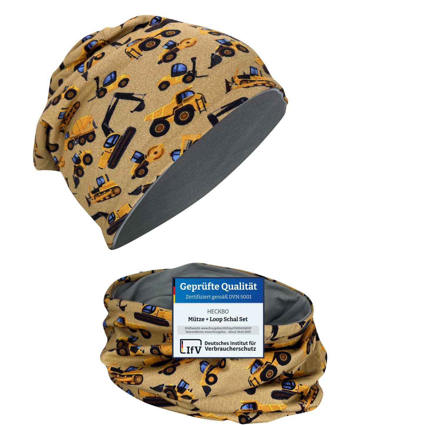 Kinder Beanie Mütze & Loop Set  - Baufahrzeuge