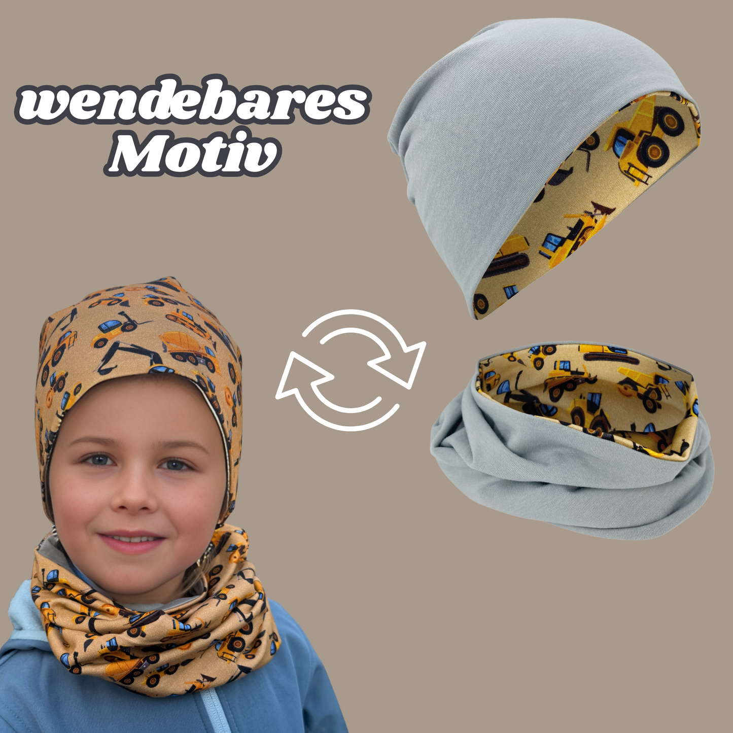 Kinder Beanie Mütze & Loop Set  - Baufahrzeuge