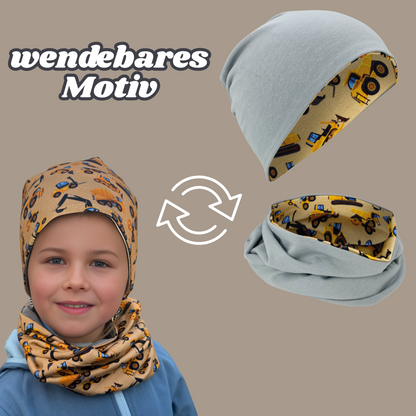 Kinder Beanie Mütze & Loop Set  - Baufahrzeuge