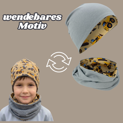 Kinder Beanie Mütze & Loop Set  - Baufahrzeuge