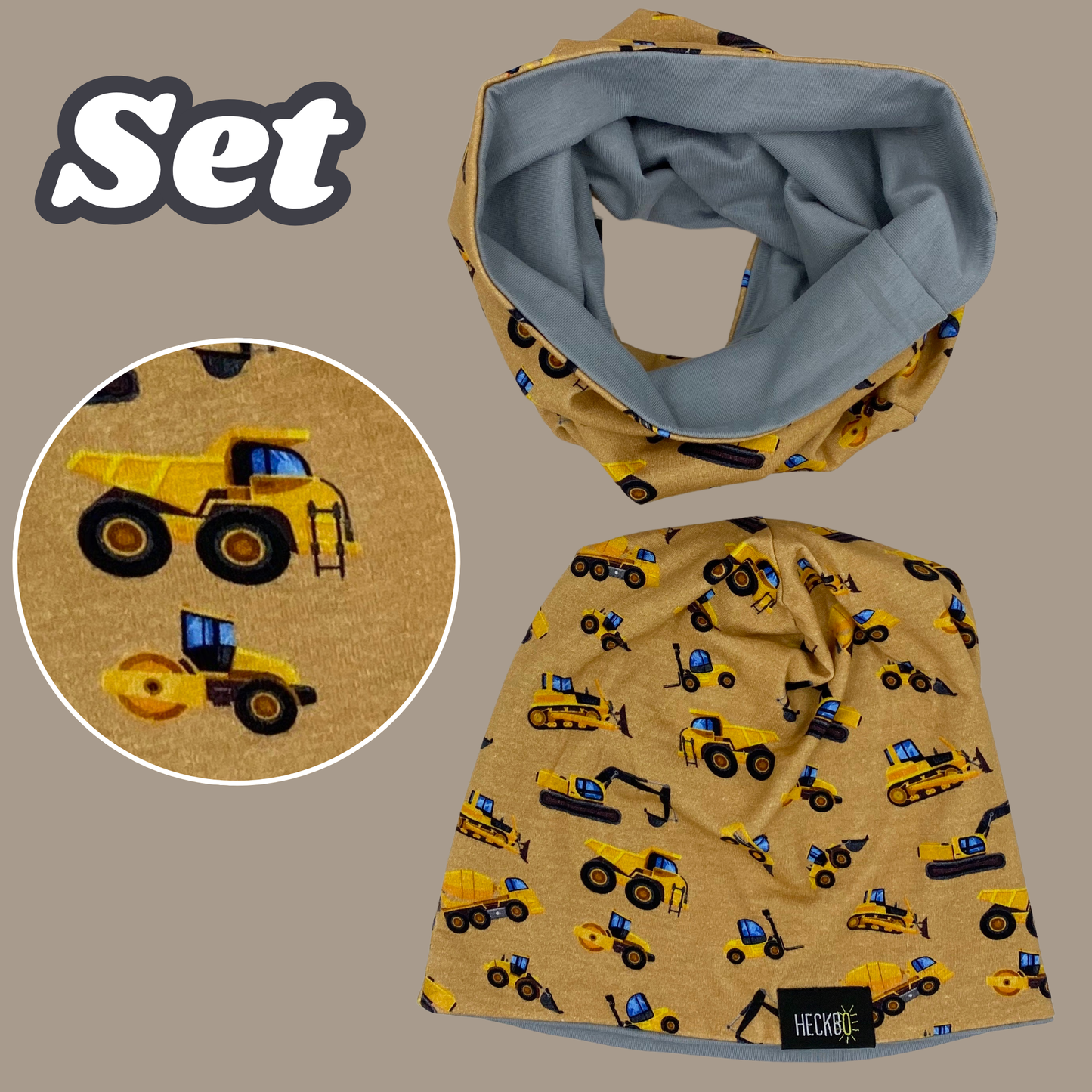 Kinder Beanie Mütze & Loop Set  - Baufahrzeuge