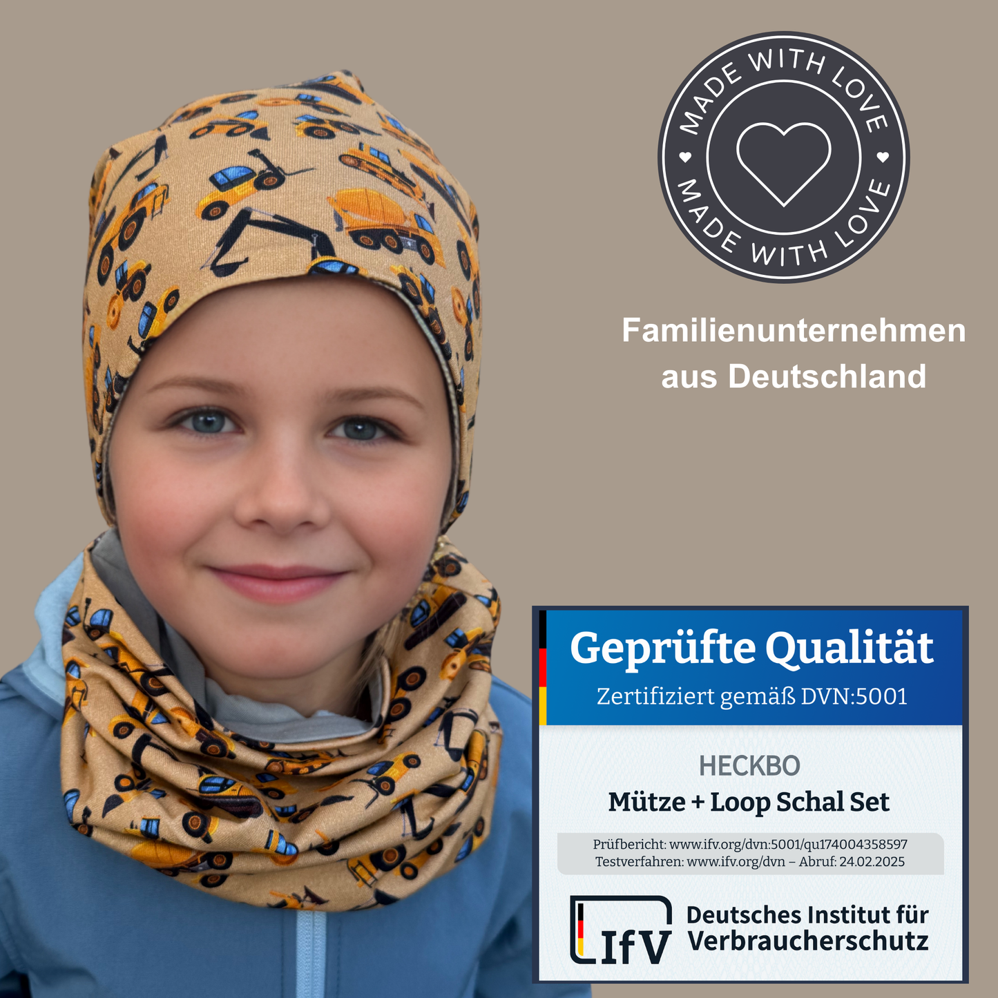 Kinder Beanie Mütze & Loop Set  - Baufahrzeuge
