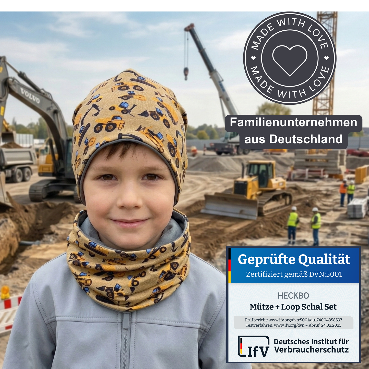 Kinder Beanie Mütze & Loop Set  - Baufahrzeuge