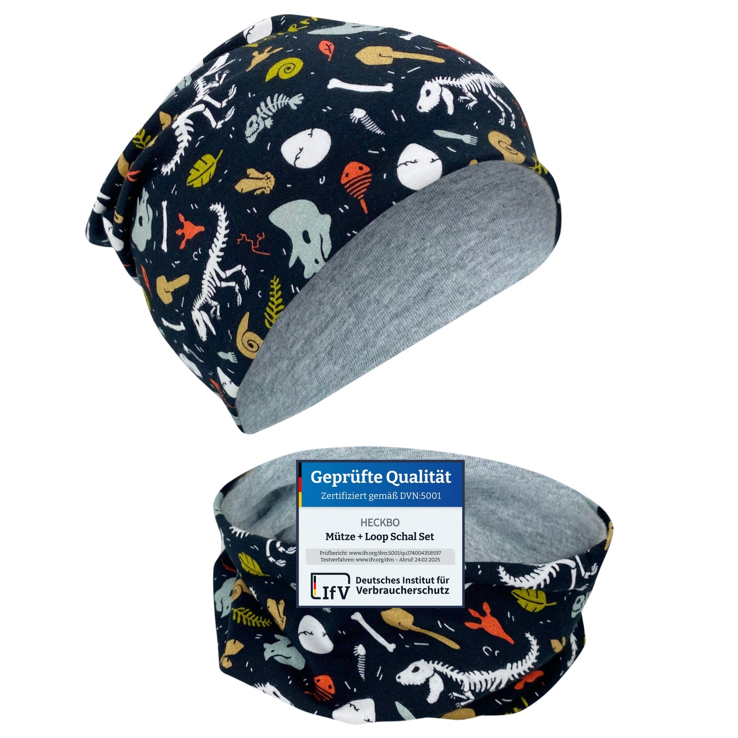 Kinder Beanie Mütze & Loop Set - Dino Knochen