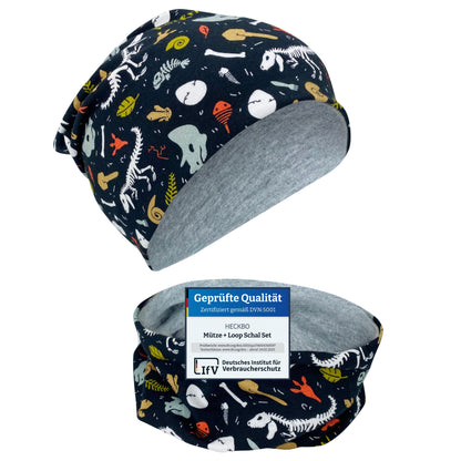 Kinder Beanie Mütze & Loop Set - Dino Knochen
