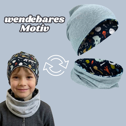Kinder Beanie Mütze & Loop Set - Dino Knochen