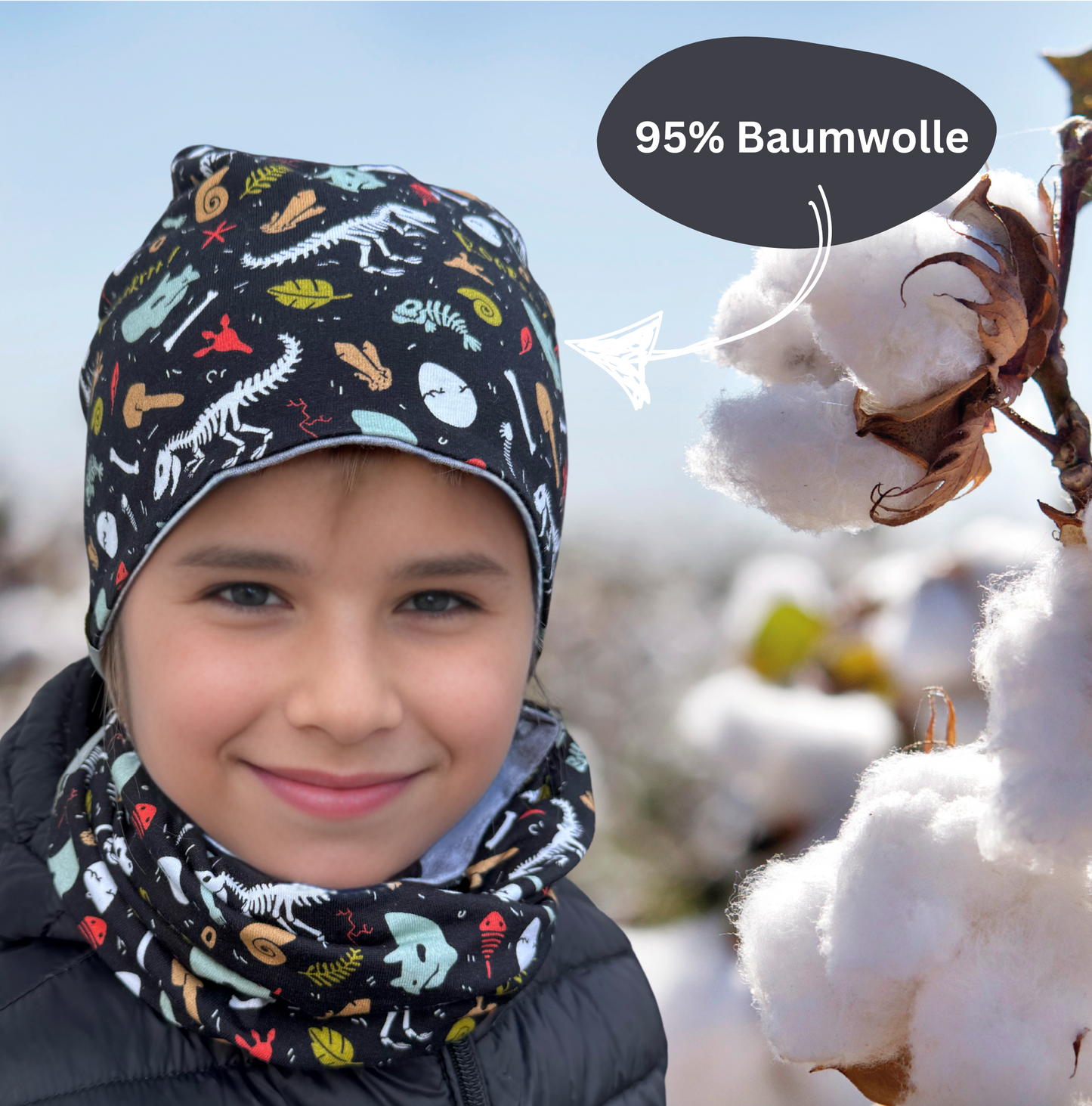 Kinder Beanie Mütze & Loop Set - Dino Knochen
