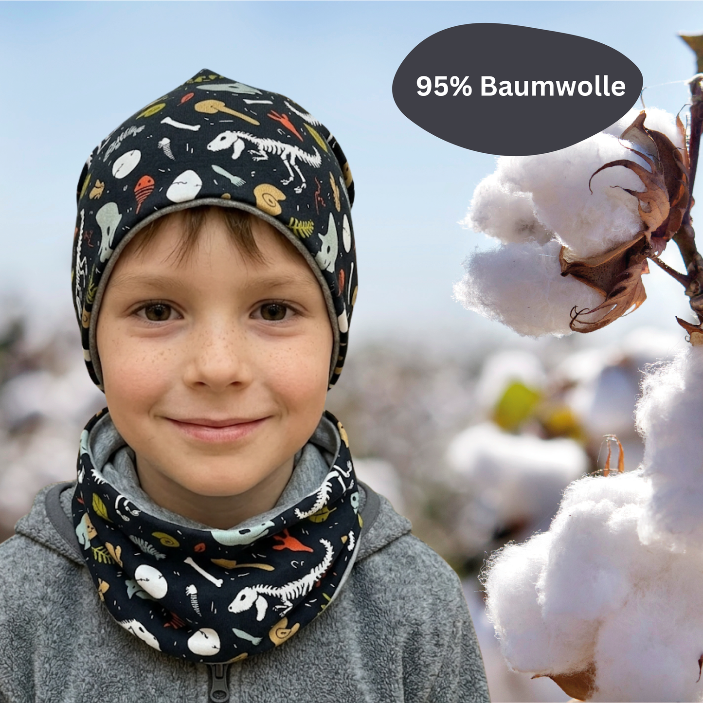 Kinder Beanie Mütze & Loop Set - Dino Knochen
