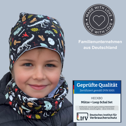 Kinder Beanie Mütze & Loop Set - Dino Knochen