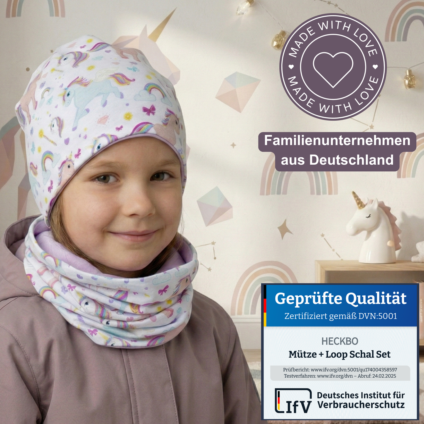 Kinder Beanie Mütze & Loop Set  - Einhorn