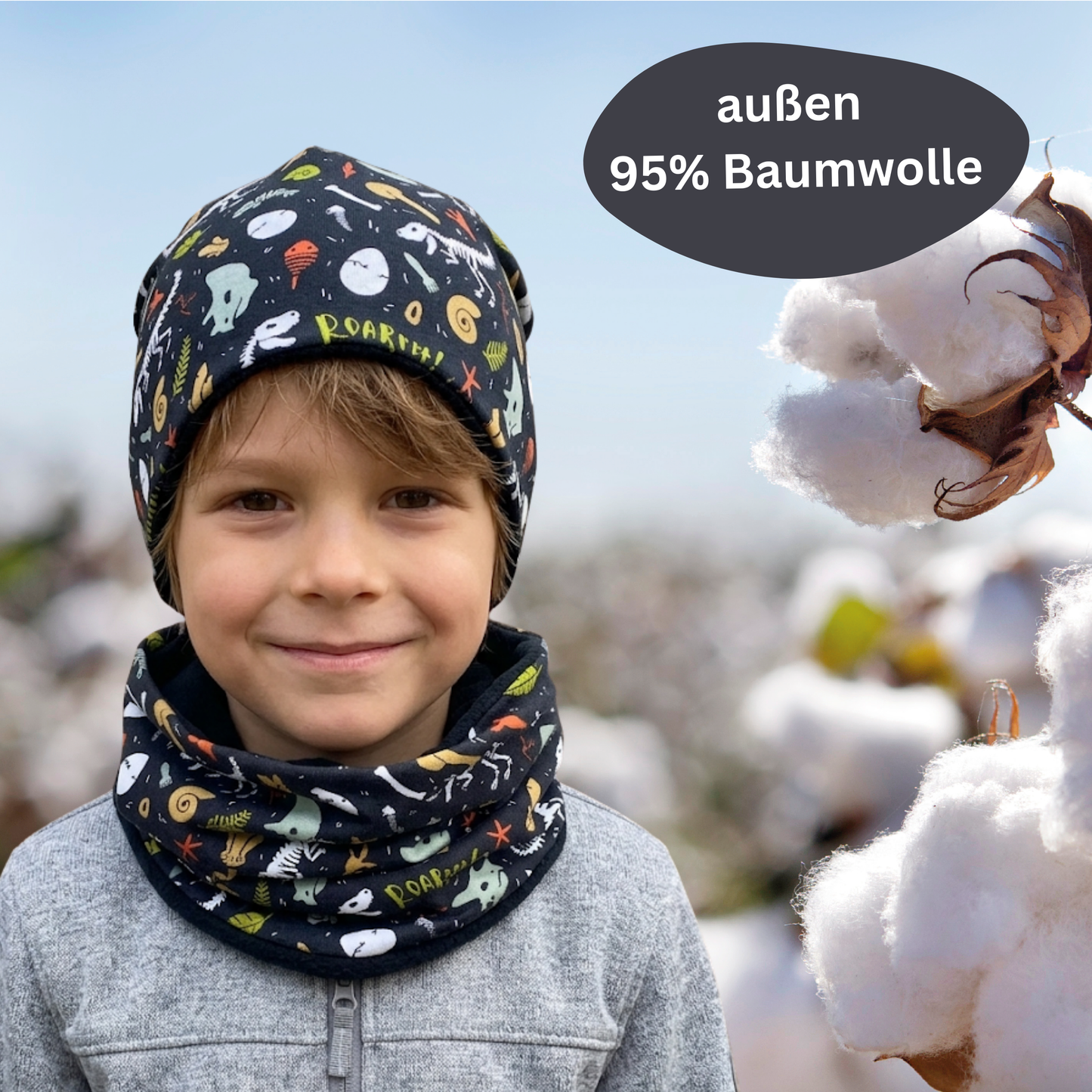 Kinder Beanie Mütze & Loop Set - Dino Knochen