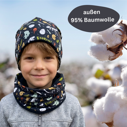 Kinder Beanie Mütze & Loop Set - Dino Knochen