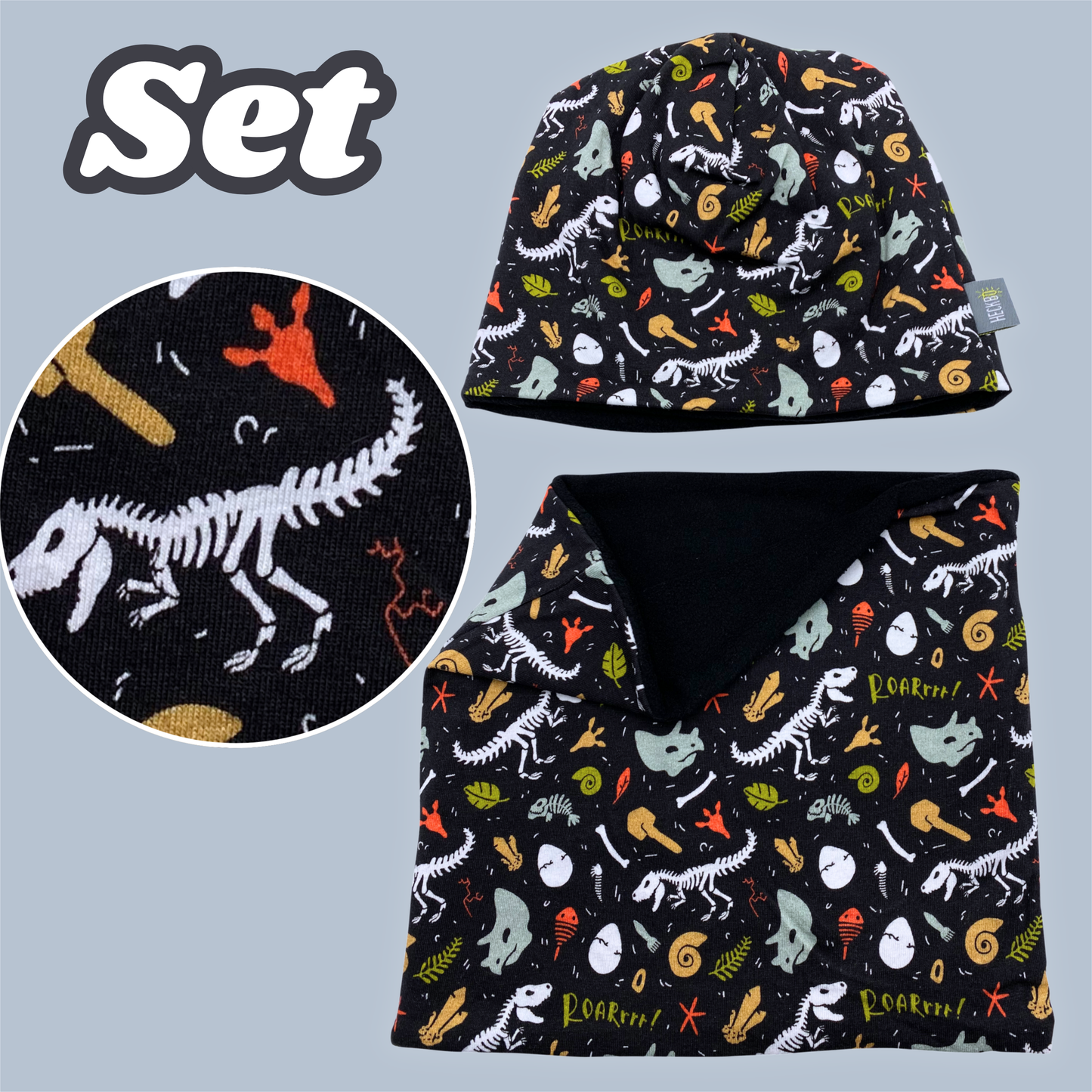 Kinder Beanie Mütze & Loop Set - Dino Knochen