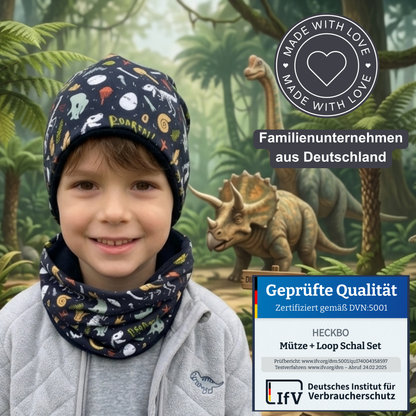 Kinder Beanie Mütze & Loop Set - Dino Knochen