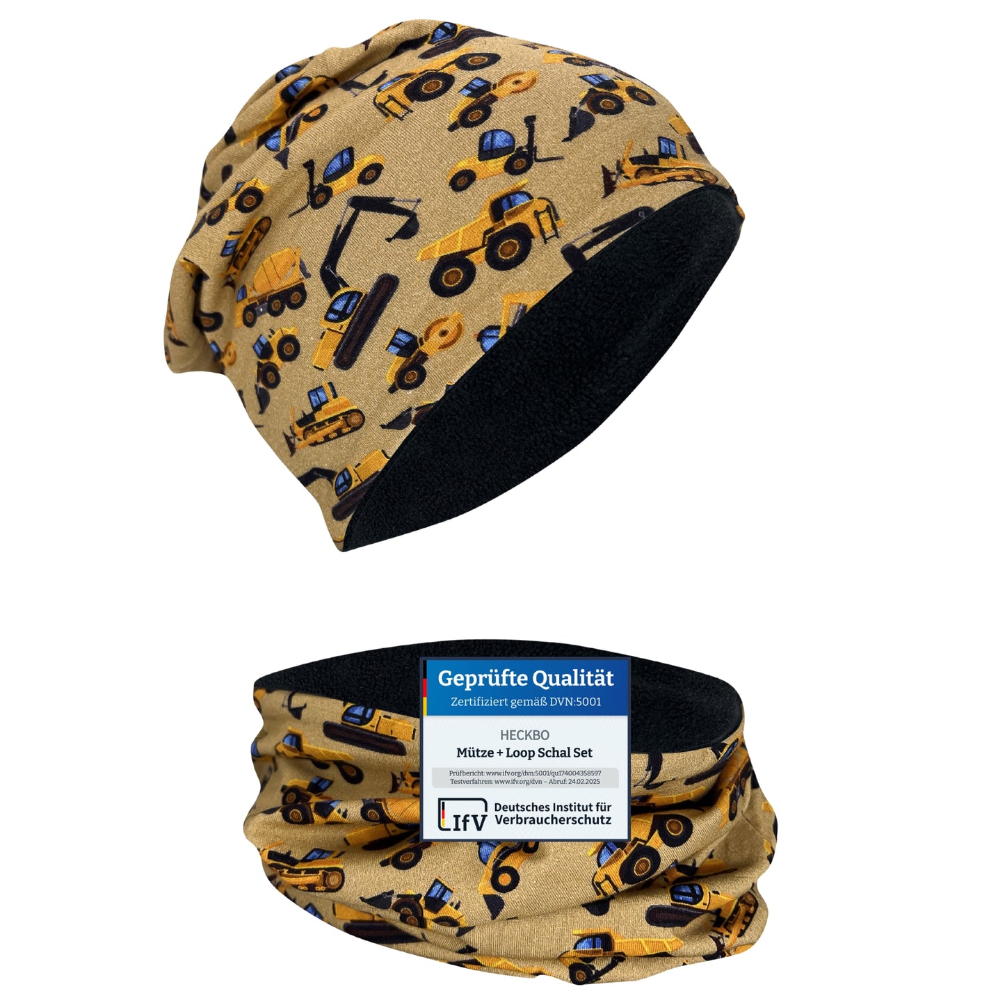 Kinder Beanie Mütze & Loop Set  - Baufahrzeuge
