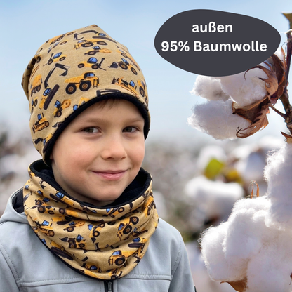 Kinder Beanie Mütze & Loop Set  - Baufahrzeuge