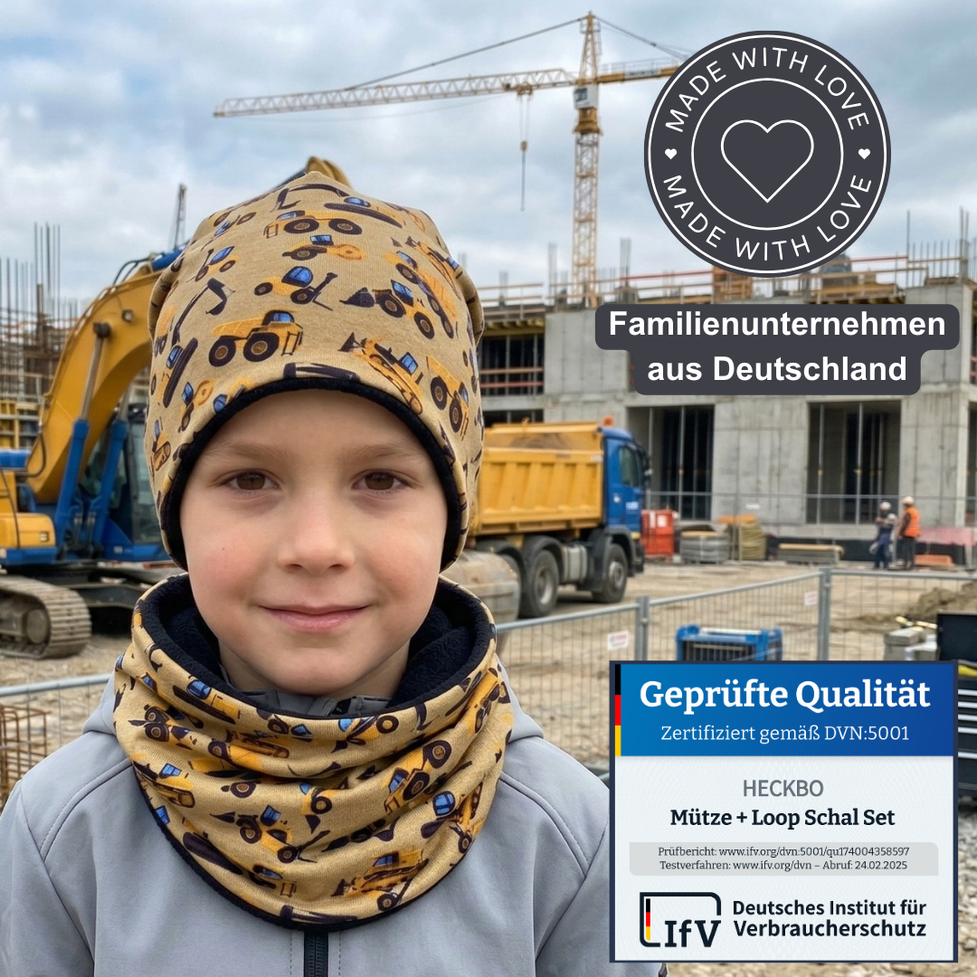 Kinder Beanie Mütze & Loop Set  - Baufahrzeuge