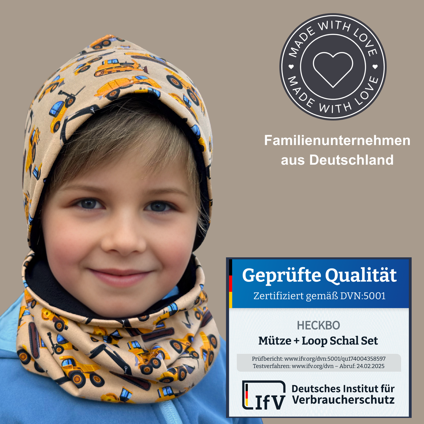 Kinder Beanie Mütze & Loop Set  - Baufahrzeuge