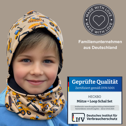Kinder Beanie Mütze & Loop Set  - Baufahrzeuge