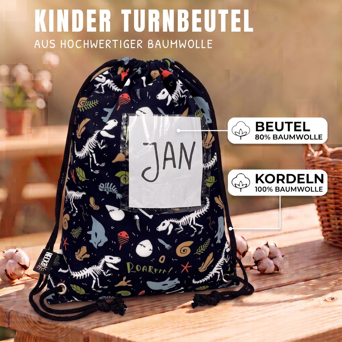 Kinder Turnbeutel Dino Skelett Tasche