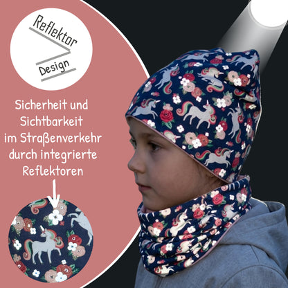Kinder Reflektor Mütze & Loop - Einhorn