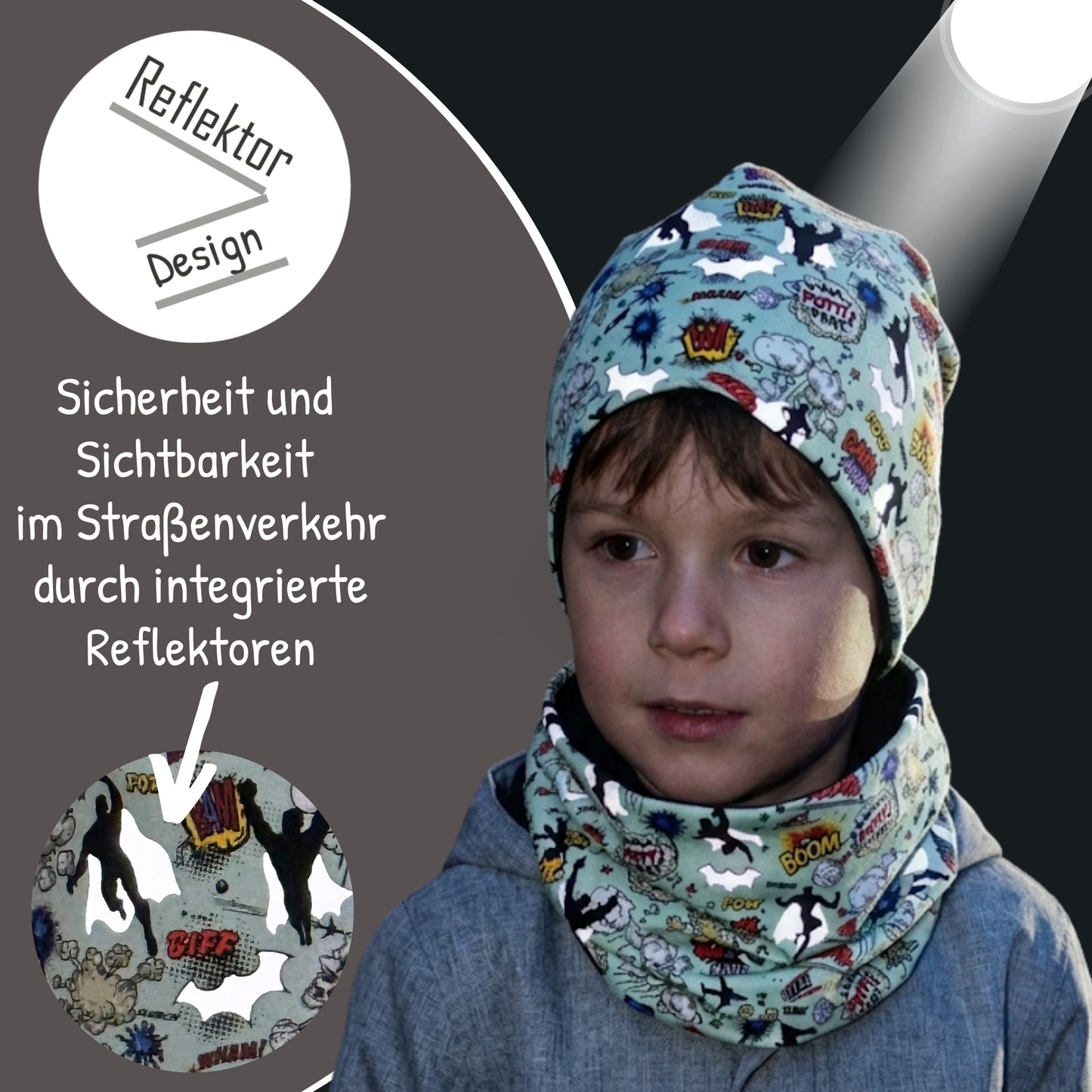 Kinder Reflektor Mütze & Loop - Superheld