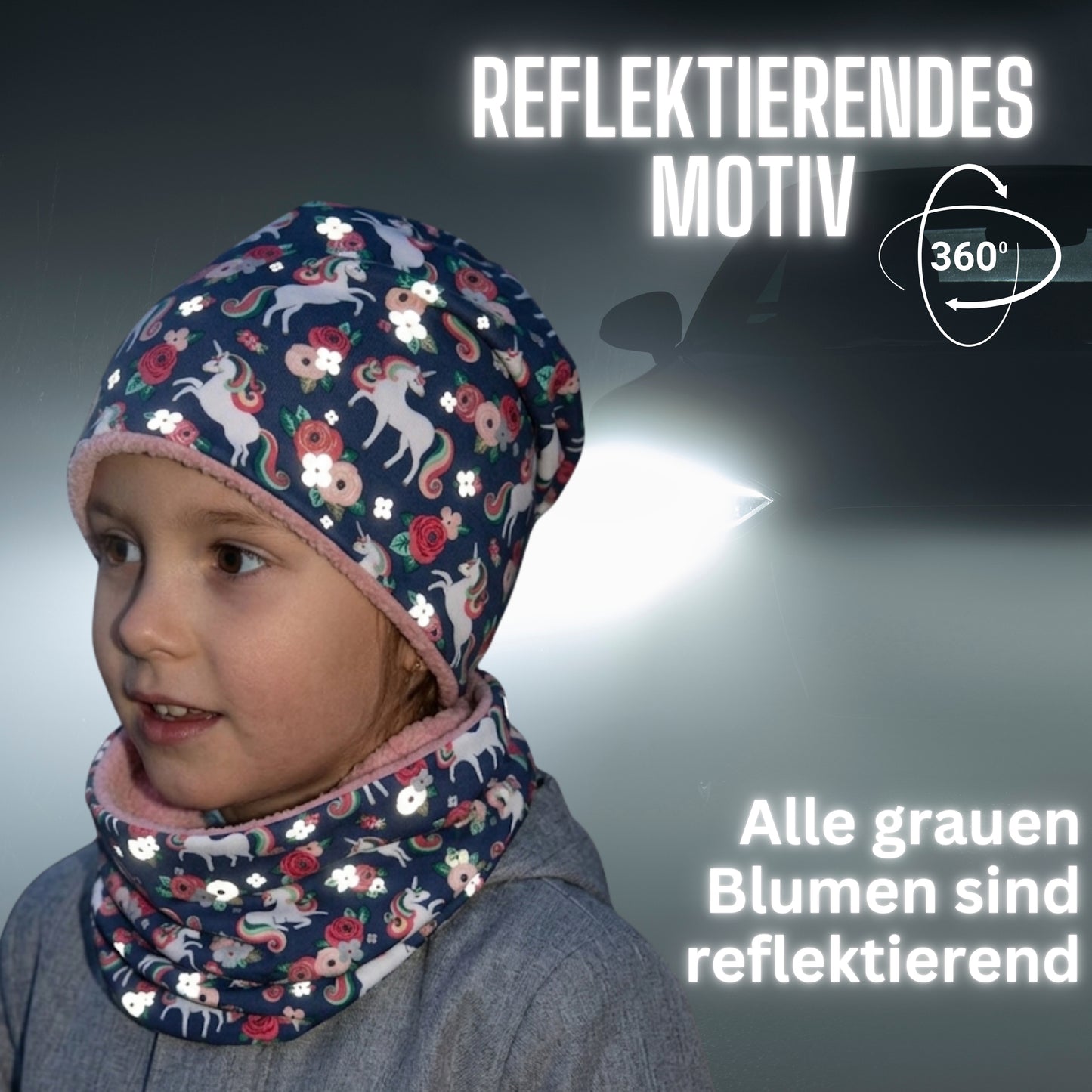Kinder Reflektor Mütze & Loop - Einhorn