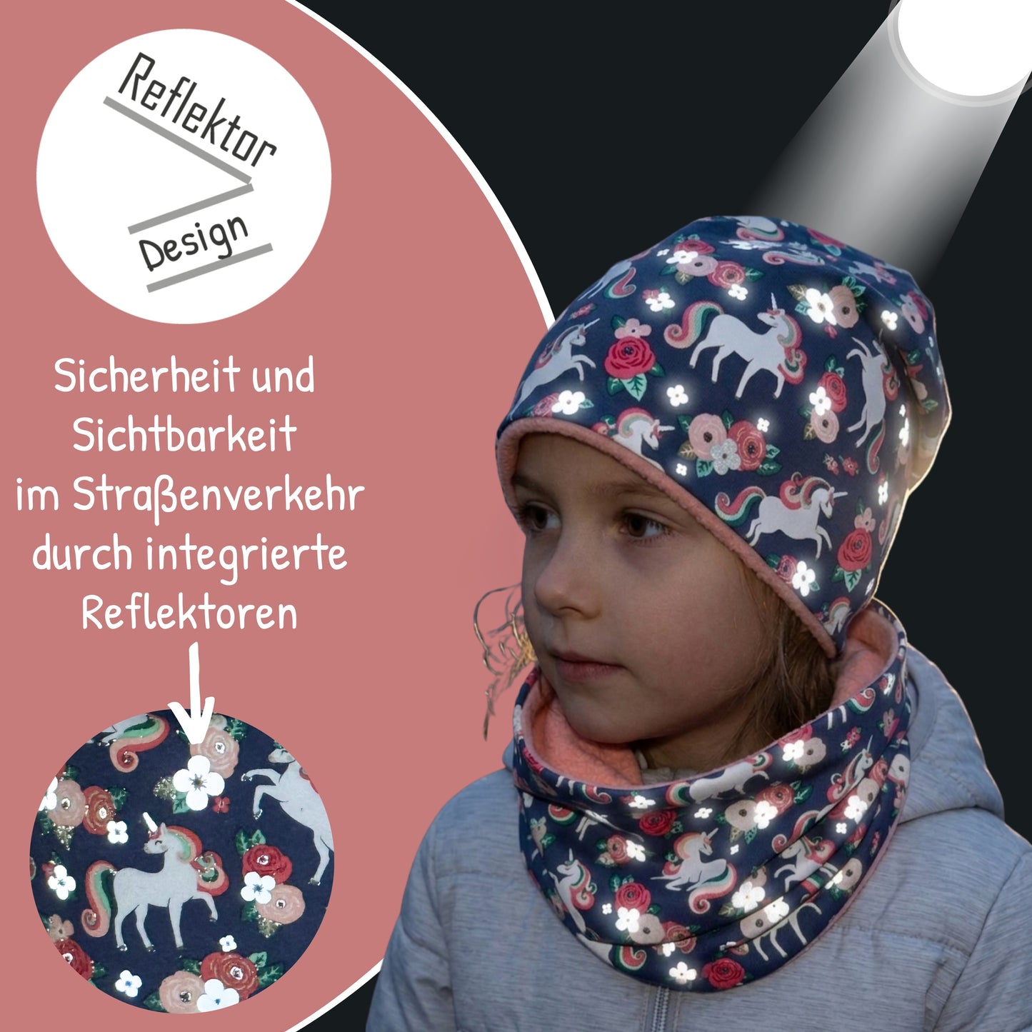 Kinder Reflektor Mütze & Loop - Einhorn