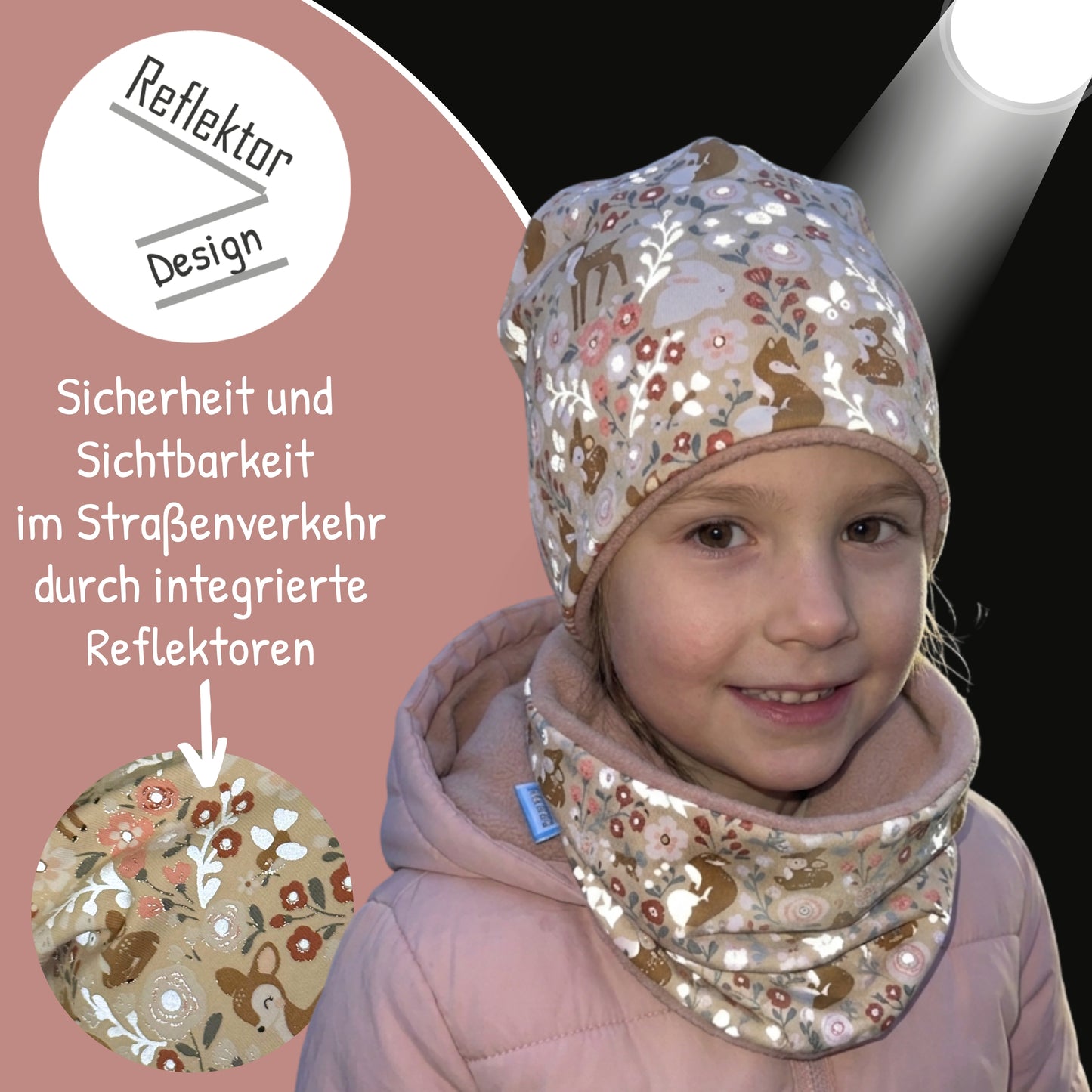Kinder Reflektor Mütze & Loop Waldtiere