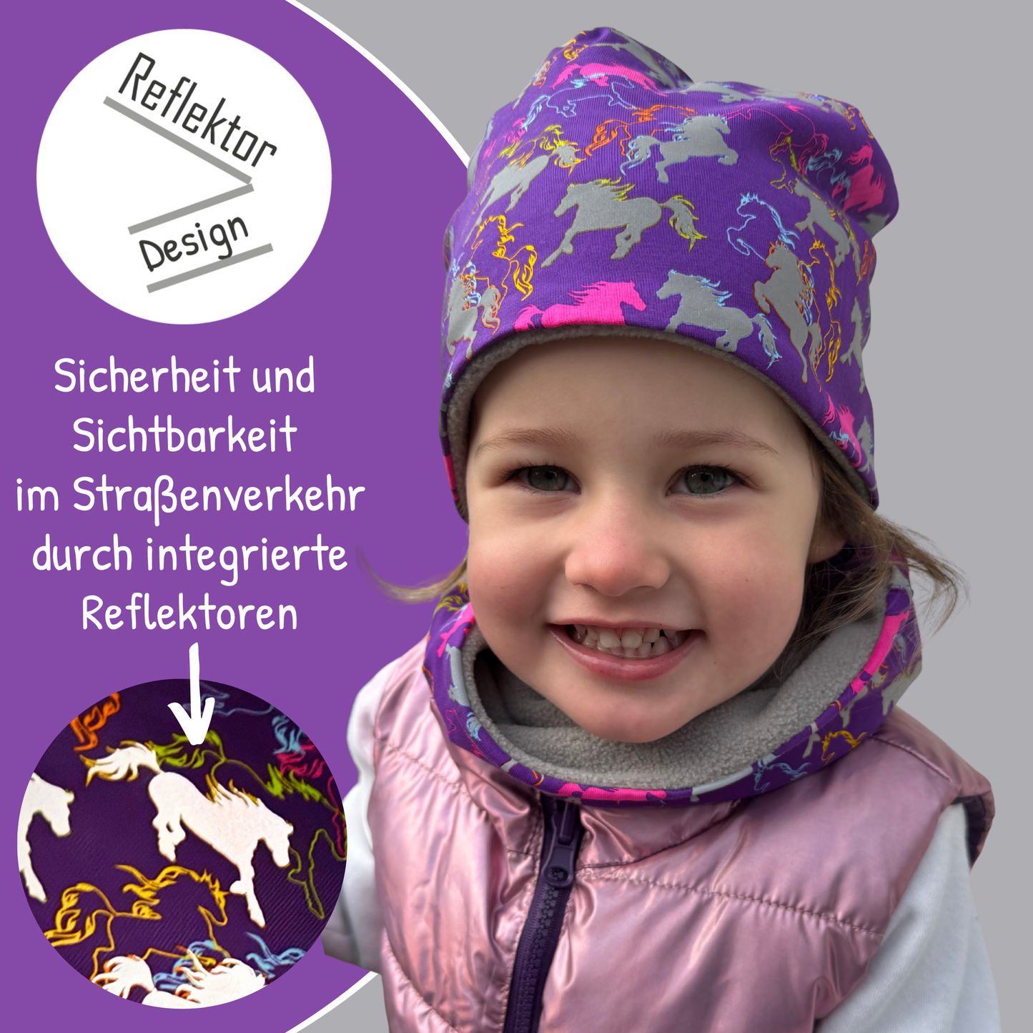Kinder Reflektor Mütze & Loop Pferd