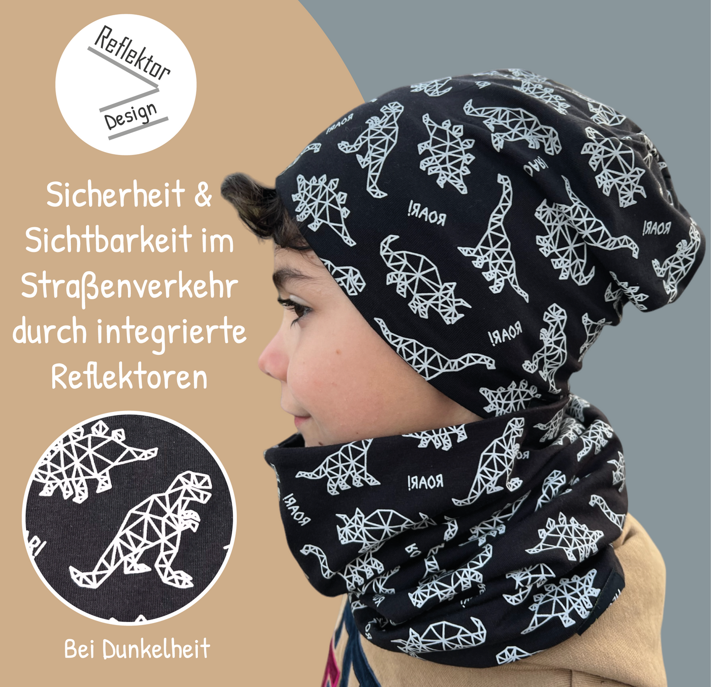 Kinder Reflektor Mütze & Loop Dinosaurier